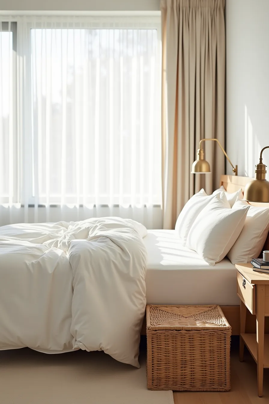 Bed with white linens, wood nightstand with brass lamp, and woven storage trunk at foot.