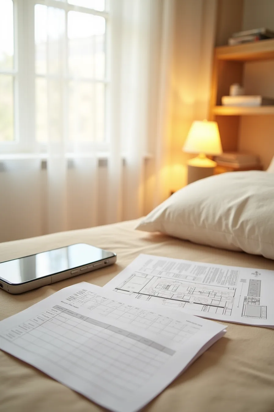 Checklist, policy printout, dimensions card, and smartphone with dorm app laid flat on a neutral background.