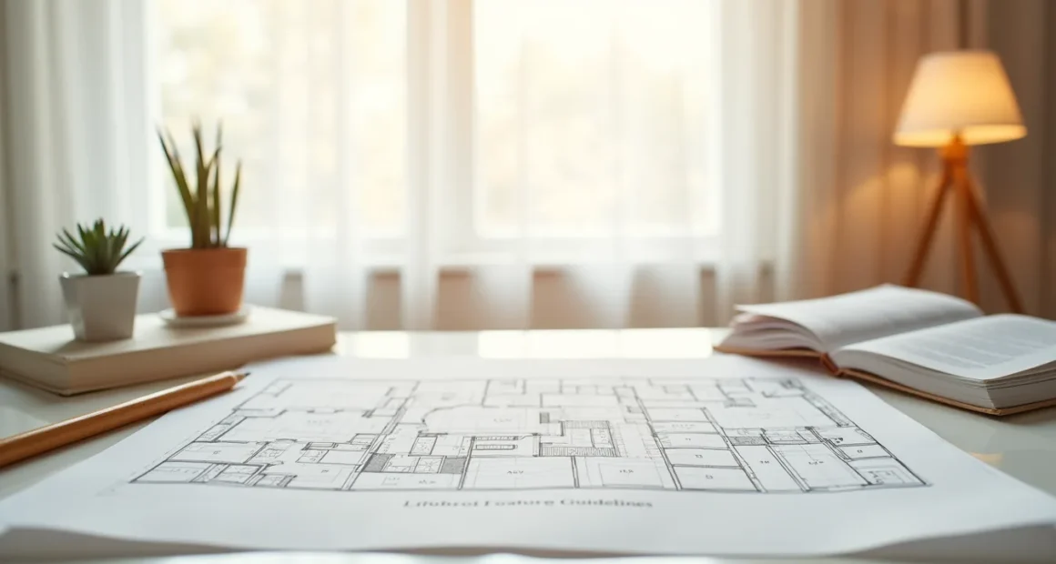 Floor plan sketch on graph paper surrounded by measuring tape, pencil, and housing guidelines document.