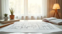 Floor plan sketch on graph paper surrounded by measuring tape, pencil, and housing guidelines document.
