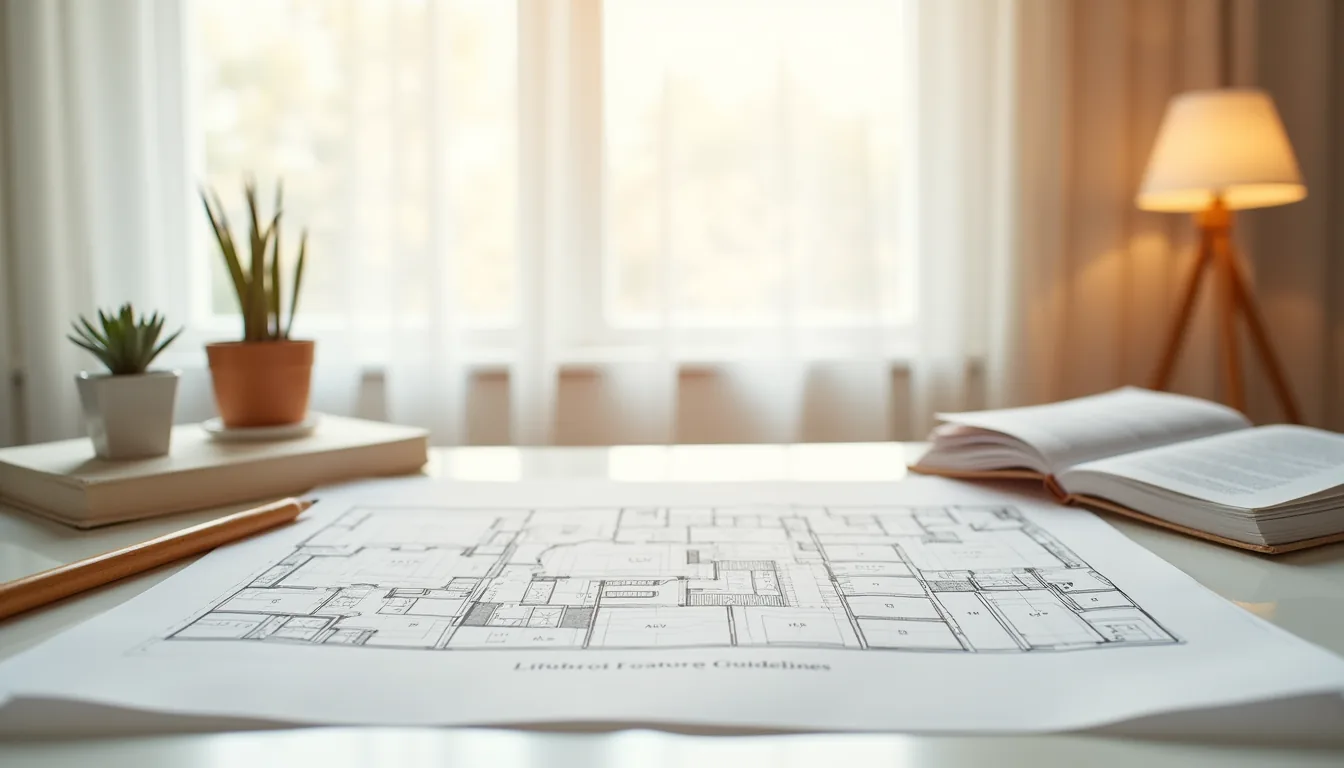 Floor plan sketch on graph paper surrounded by measuring tape, pencil, and housing guidelines document.