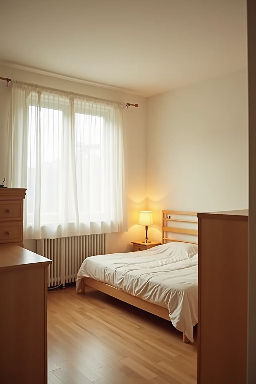 Overhead view of poor furniture placement: oversized dresser blocking door, bed at radiator, boxes under window, tangled