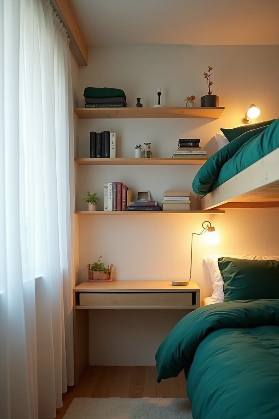 Lofted bed with emerald bedding above a compact desk, flanked by wall shelving holding textiles and storage boxes.