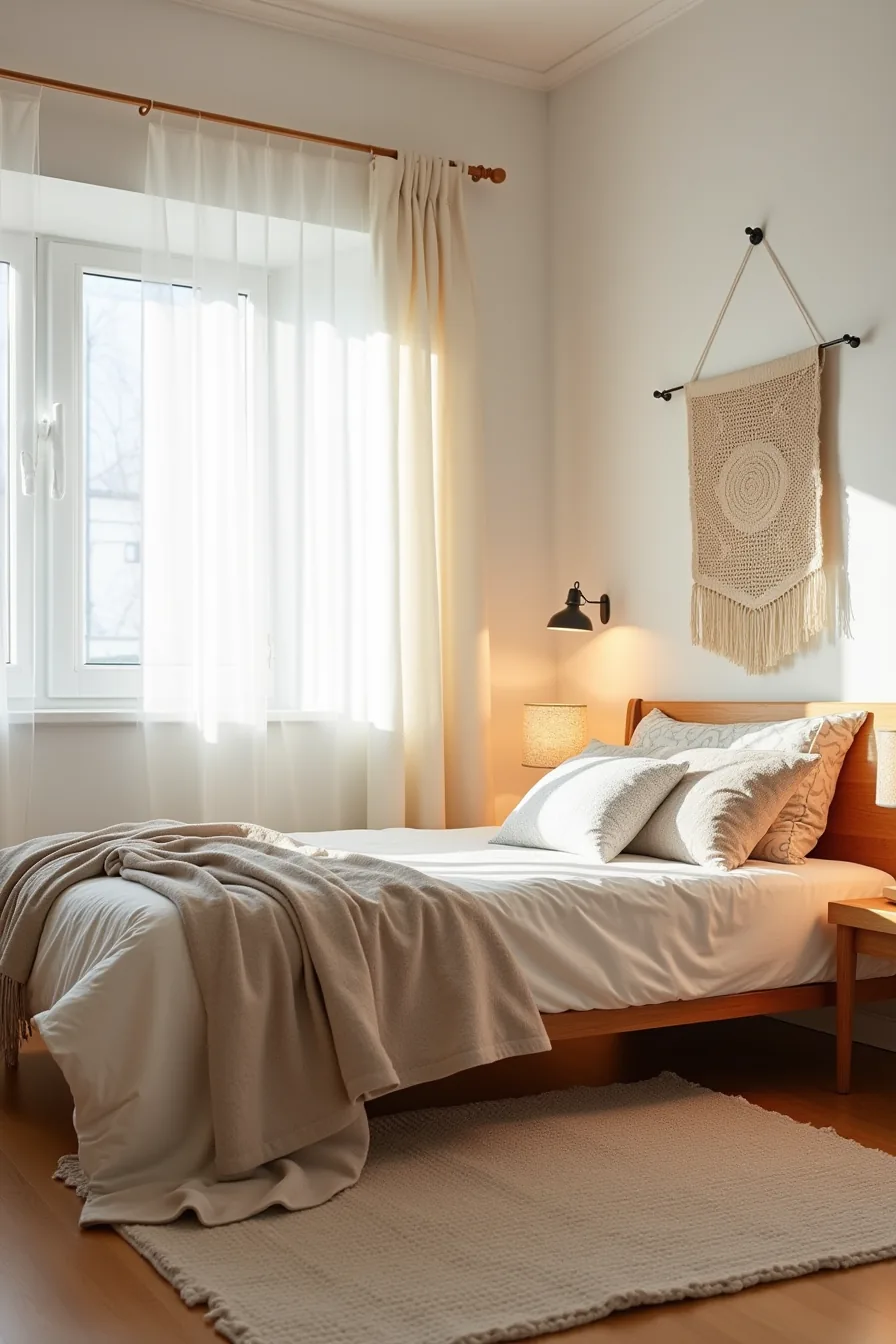 Bed with patterned throw pillows and quilted blanket on area rug, with woven tapestry on wall above.