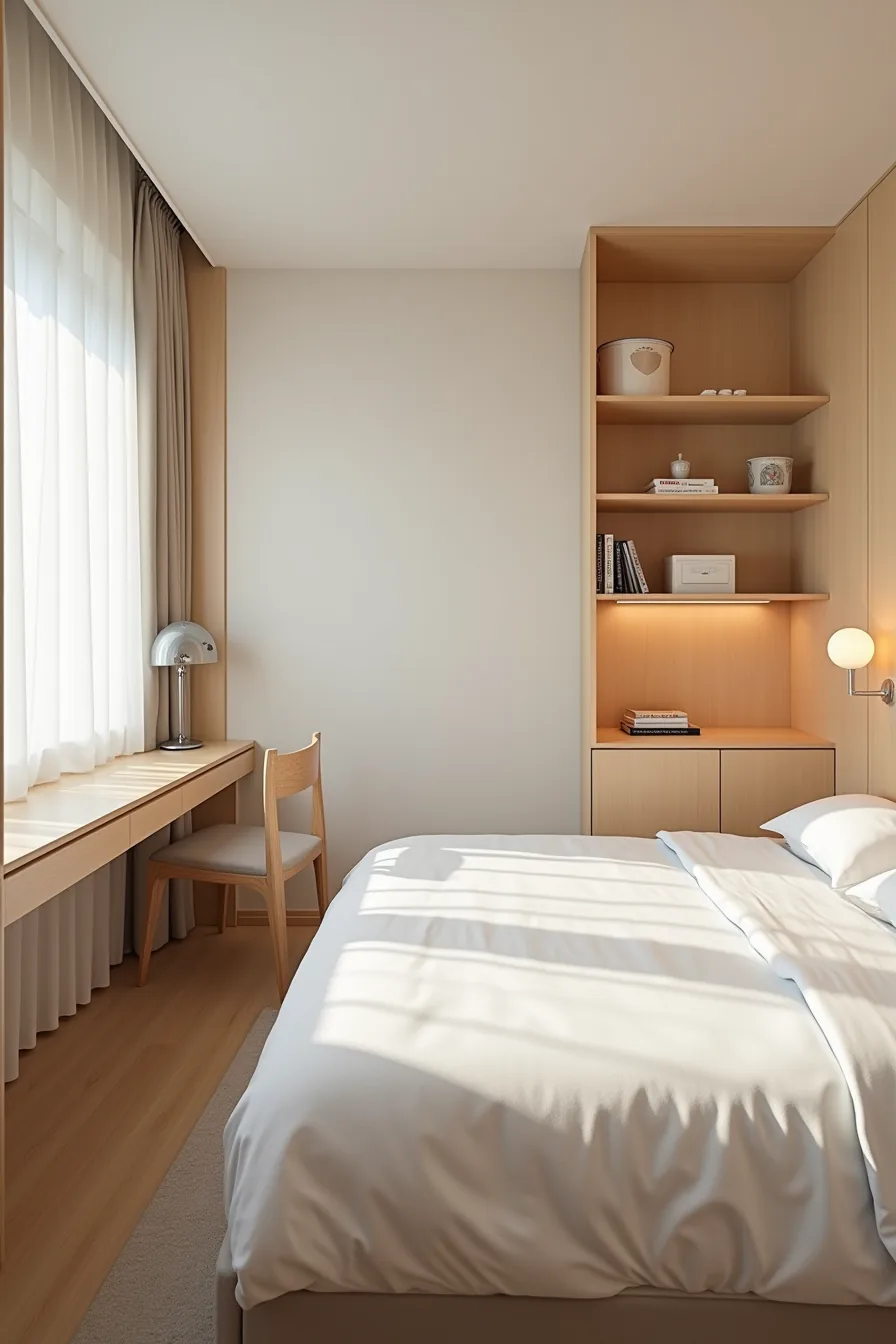Split layout showing compact single room with desk and shelves beside larger suite with two beds and shared storage.