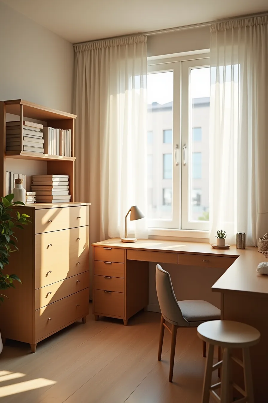 Cramped corner with oversized dresser blocking doorway, desk lamp with shadows, and stacked storage bins cluttering shelves
