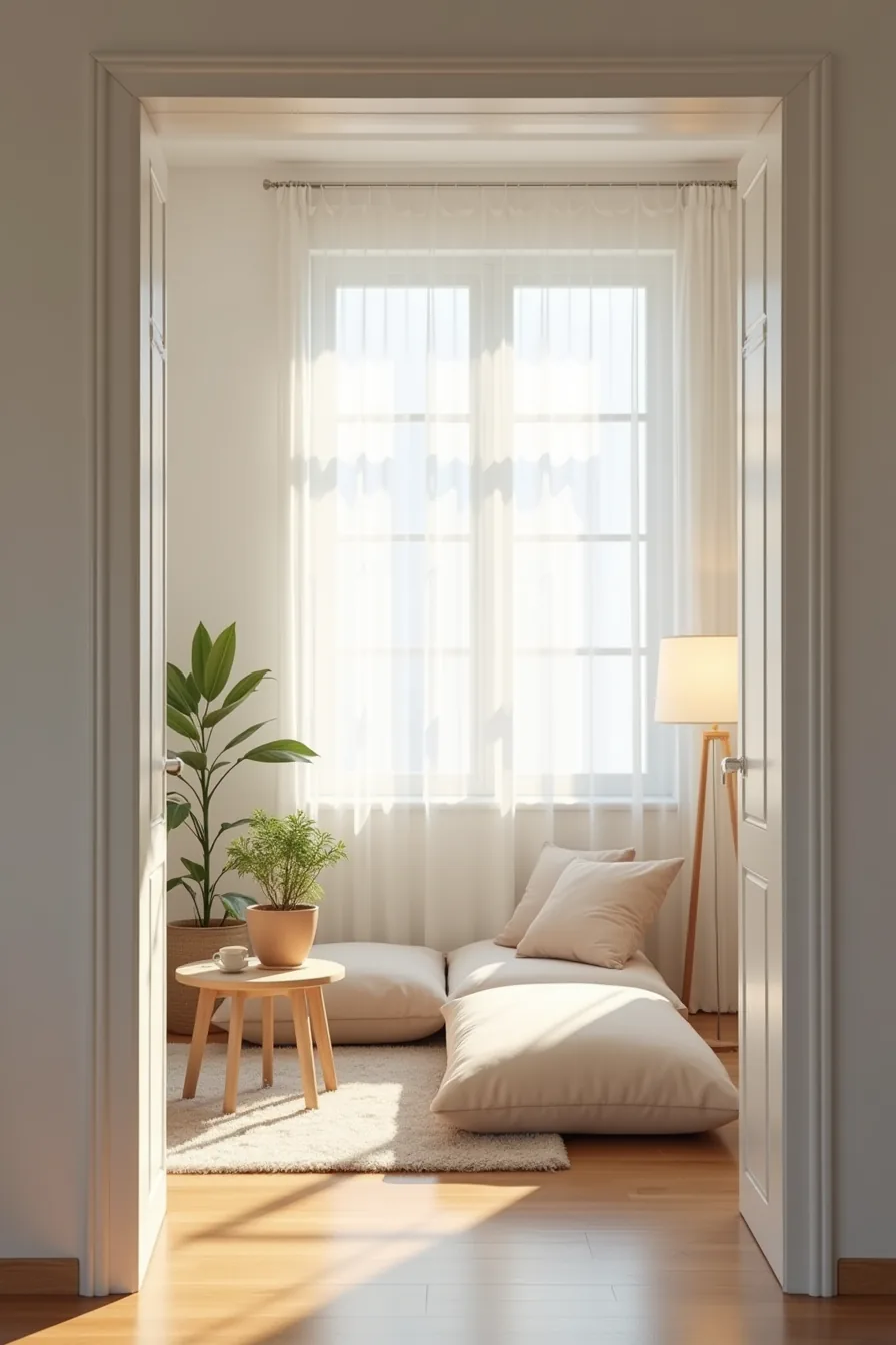 Floor cushions and wooden bench arranged in L-shape with a side table and plant between them, loft bed visible in background.