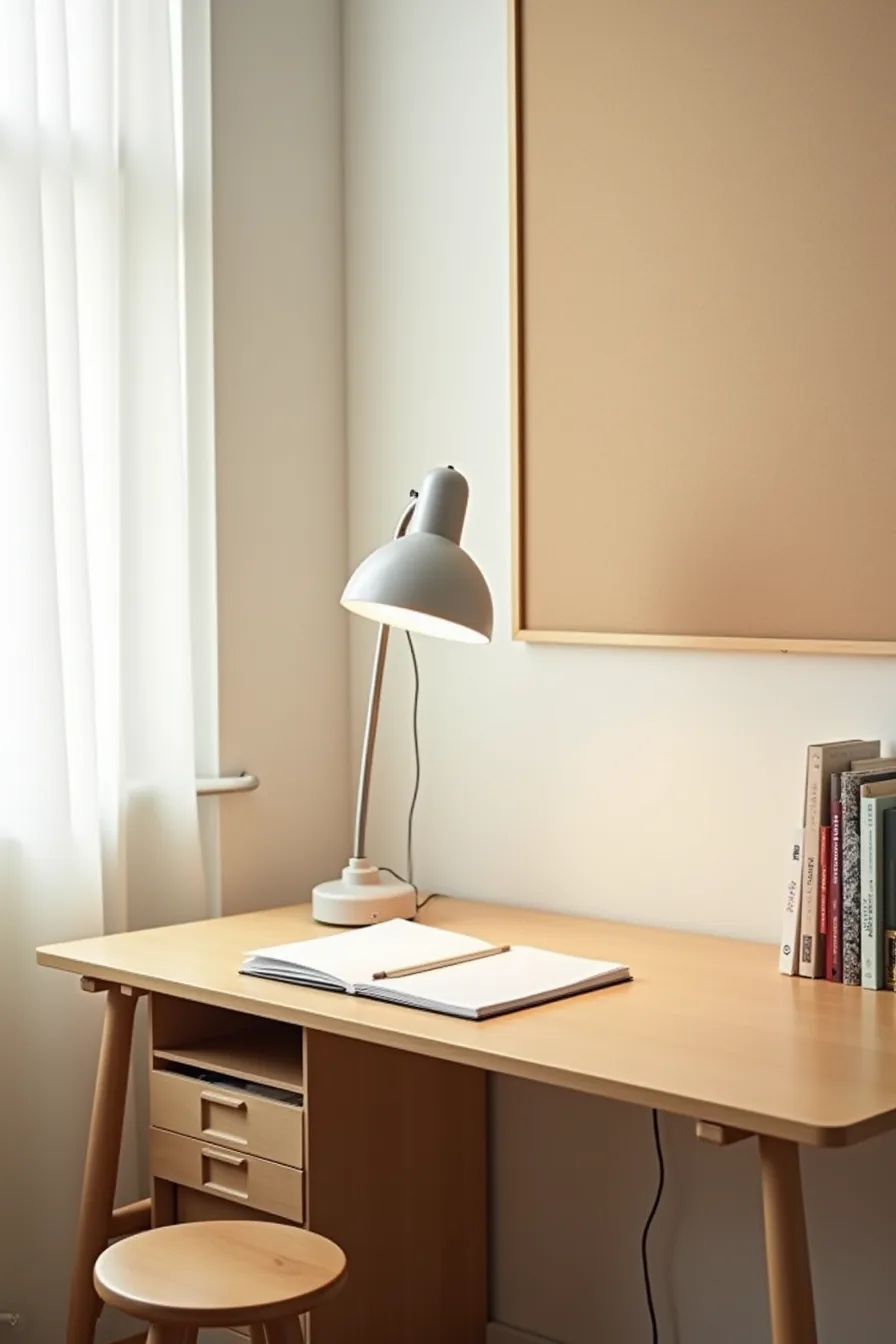 Desk corner with gooseneck lamp angled over desk pad, small drawer unit below, and bulletin board mounted on wall above.