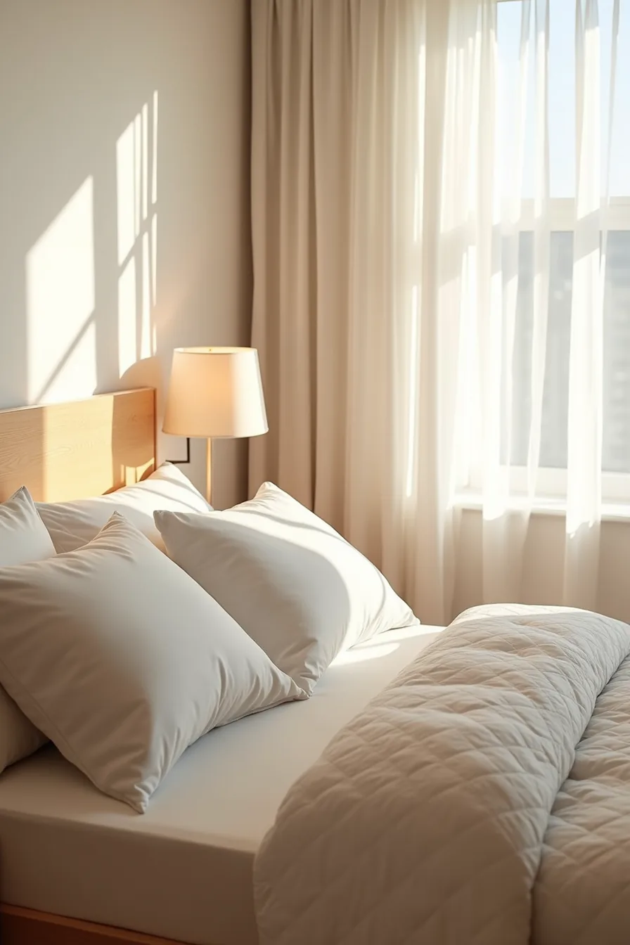 Bed with quilted duvet and stacked throw pillows against headboard, wall-mounted reading lamp with fabric shade, soft