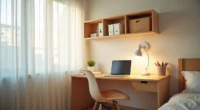 Overhead view of a desk perpendicular to a window with task lamp, organizer, and laptop, with storage boxes on shelf above