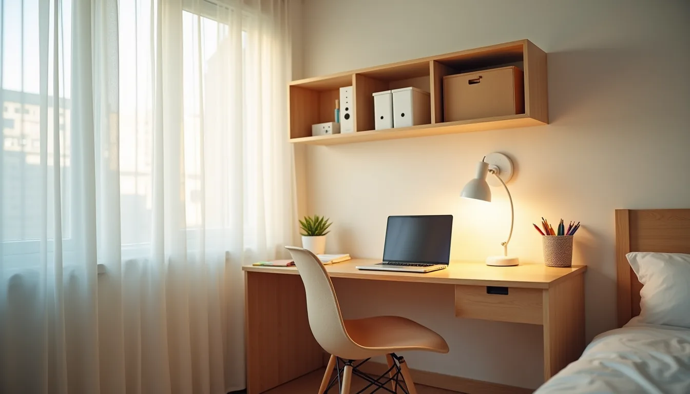 Overhead view of a desk perpendicular to a window with task lamp, organizer, and laptop, with storage boxes on shelf above