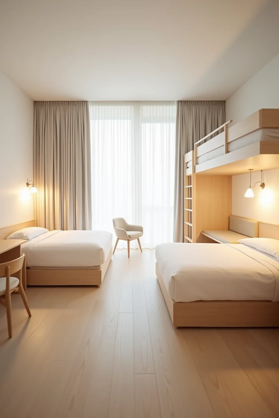 Three room layouts compared side-by-side: single with twin bed and desk, double with lofted beds, and suite with sleeping
