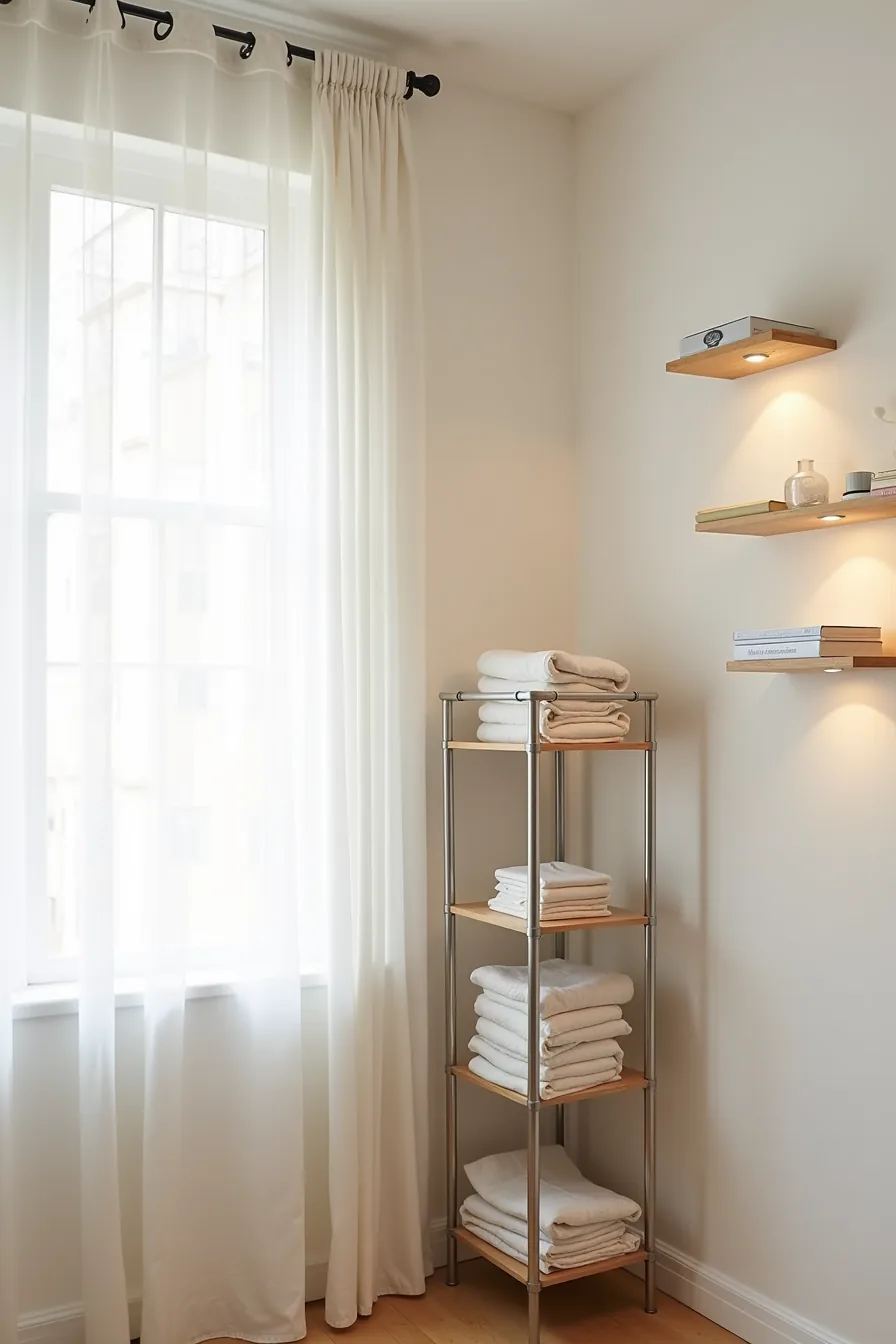 Corner with tension rod holding linen curtain, metal shelving unit with folded textiles, and floating shelves on wall in