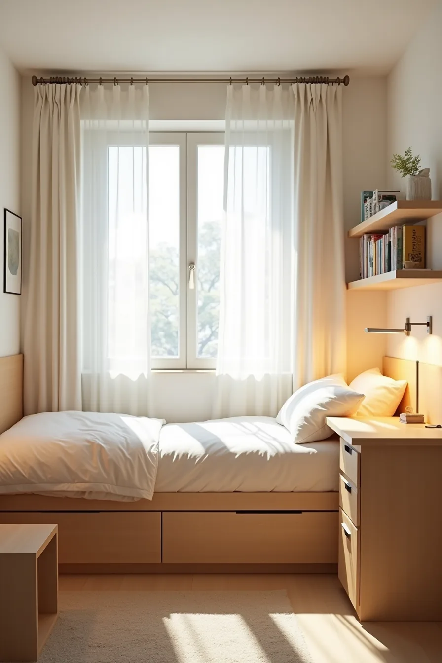 Dorm room with bed-drawer storage, perpendicular desk with rolling cart, wall-mounted shelving, and under-window bench