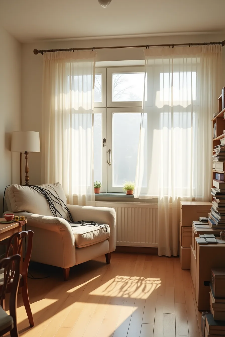 Poorly organized dorm room with oversized armchair blocking space, tangled desk cables, shelf unit blocking heating vent