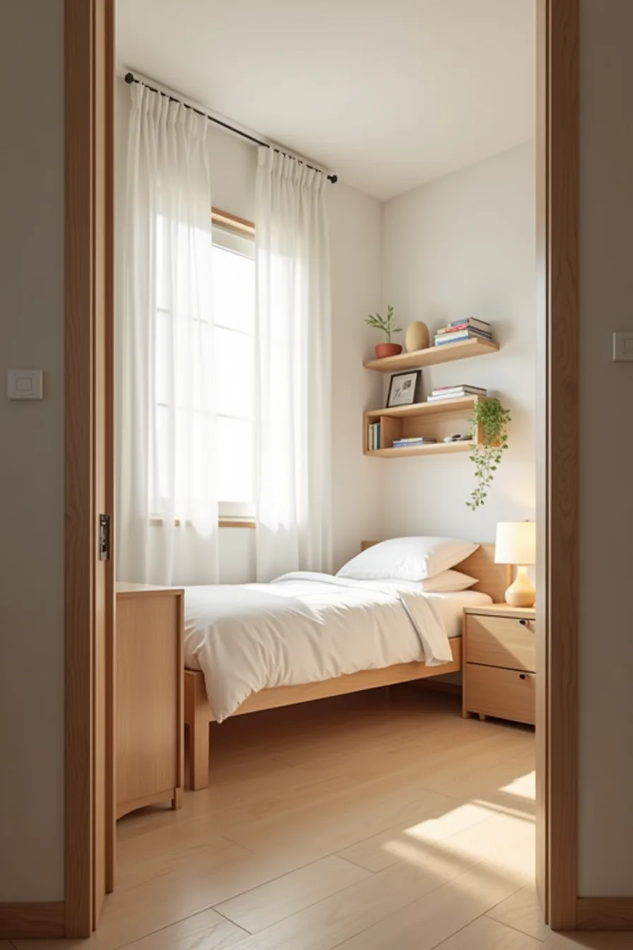 Small dorm room with white bedding, floating desk, three floating shelves with folded items and a potted plant, and natural