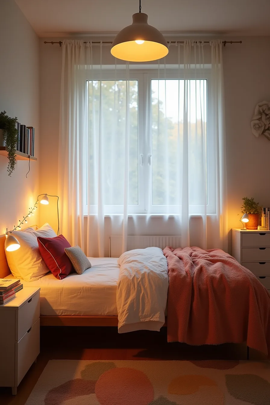 Dusk-lit dorm room with pendant light, jewel-toned pillow, area rug, LED string lights on headboard, and throw blanket