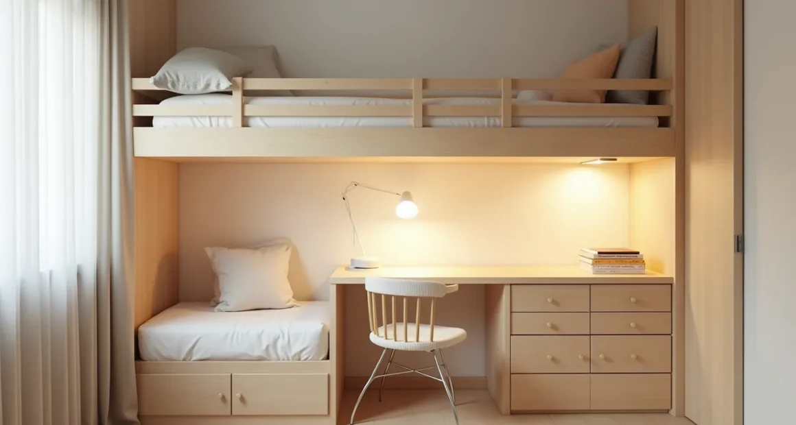 Overhead view of a lofted bed with storage cubbies, perpendicular desk with lamp, and wall-mounted vertical shelving in a