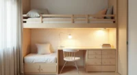 Overhead view of a lofted bed with storage cubbies, perpendicular desk with lamp, and wall-mounted vertical shelving in a