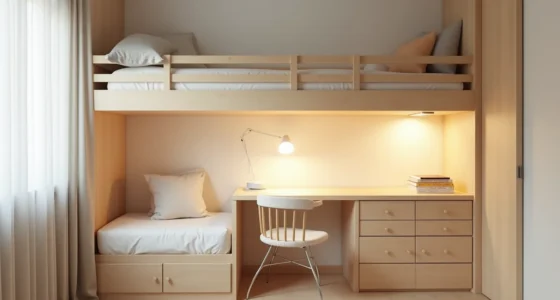 Overhead view of a lofted bed with storage cubbies, perpendicular desk with lamp, and wall-mounted vertical shelving in a