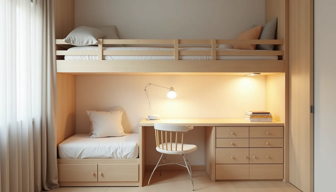 Overhead view of a lofted bed with storage cubbies, perpendicular desk with lamp, and wall-mounted vertical shelving in a