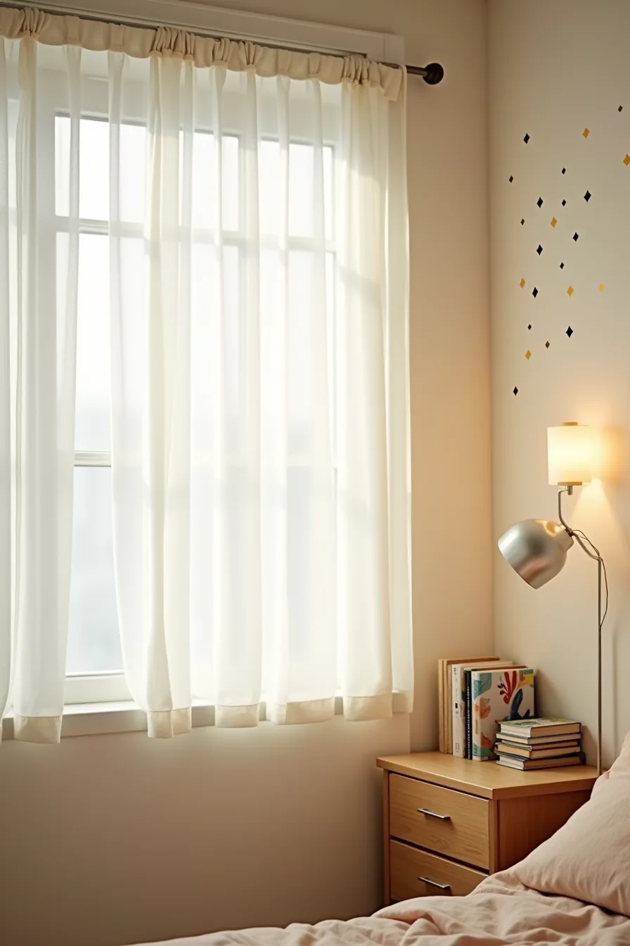 Corner showing tension rod with fabric window panel, geometric wall decals, freestanding metal shelving, and rolled