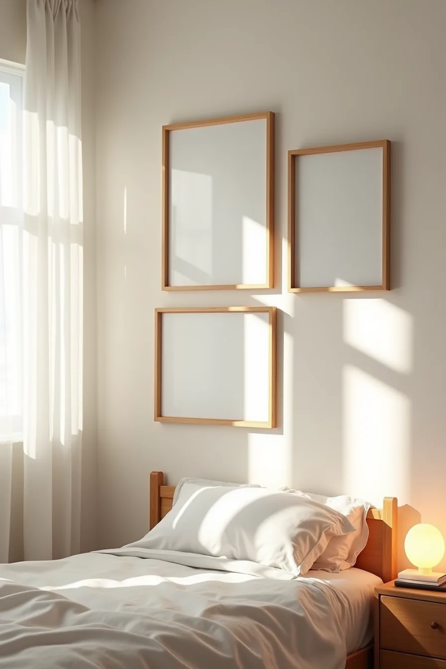 Nine framed prints and posters in mixed wood and metal frames arranged in asymmetrical grid on wall.