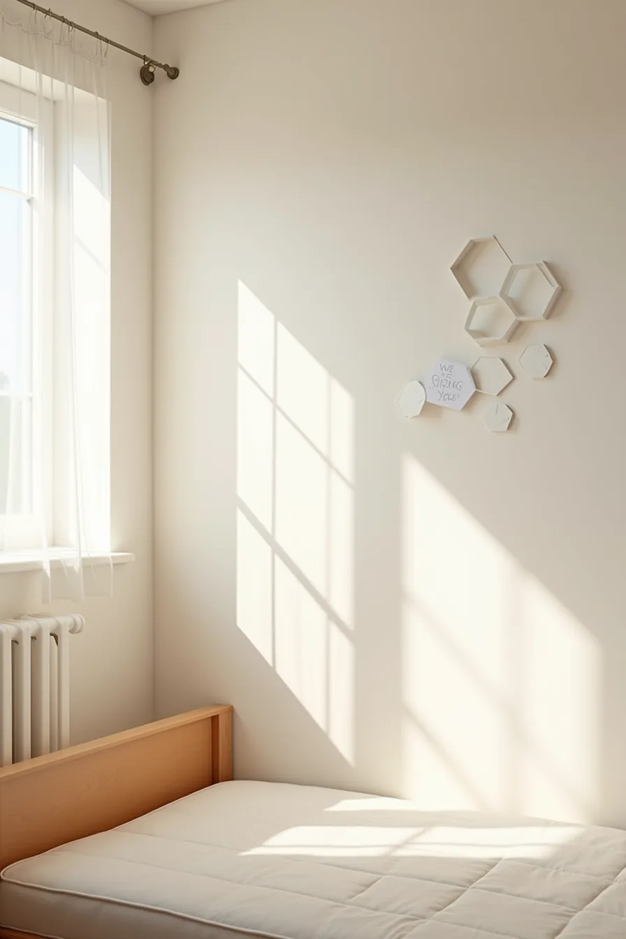 Removable geometric wall decals clustered on white wall with one decal partially peeled to reveal backing.