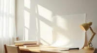Peel-and-stick wallpaper roll, utility knife, smoothing tool, and partially applied mural sample on white wall.