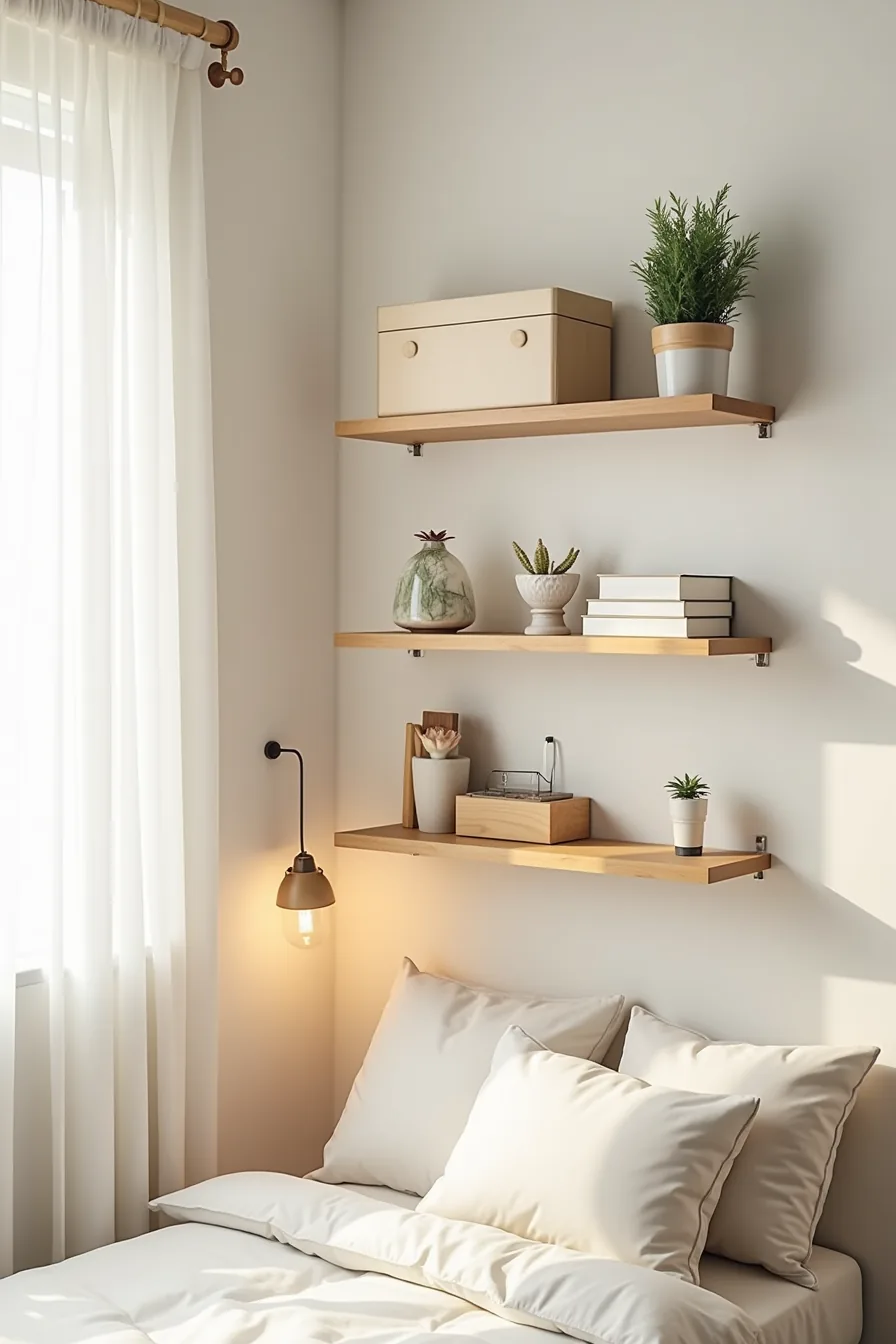 Three floating shelves at staggered heights displaying storage boxes, potted plants, and decorative items with visible
