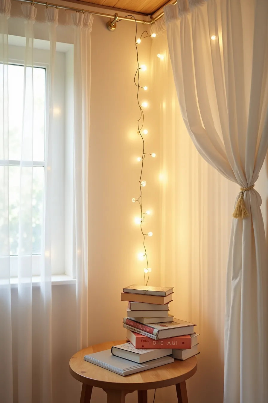 String lights draped in swoops with sheer fabric pinned at corners forming canopy, viewed from below.