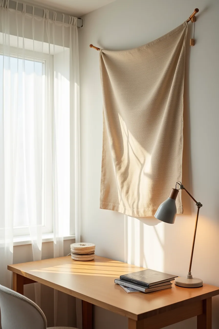 Woven fabric tapestry secured with adhesive hooks at corners, displaying textile pattern and folds above desk.