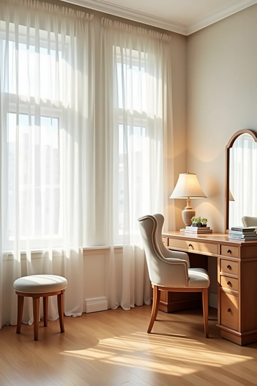 Backless padded stool under a desk edge beside a wingback armchair at a vanity, demonstrating two seating heights.