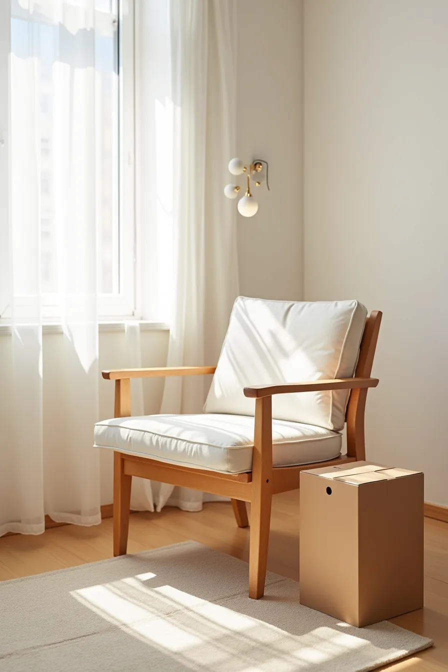Wooden-frame chair with polyester upholstery positioned against a wall next to its flat-pack assembly box.