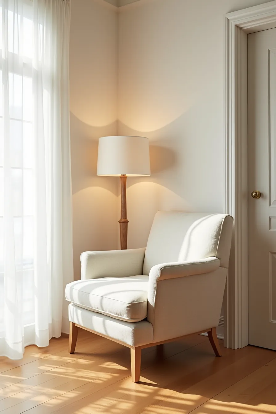 Freestanding upholstered chair on hardwood flooring with felt protectors under the legs, doorway visible behind.