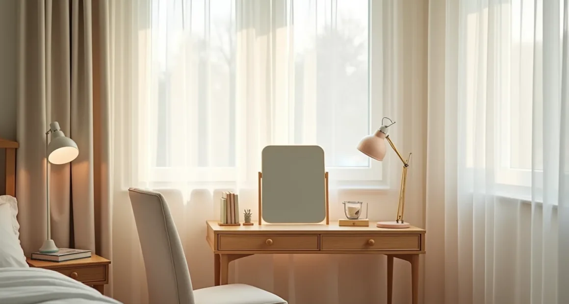 Low-backed upholstered chair positioned at a wooden vanity table with mirror and drawer unit in a bedroom corner.