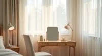 Low-backed upholstered chair positioned at a wooden vanity table with mirror and drawer unit in a bedroom corner.