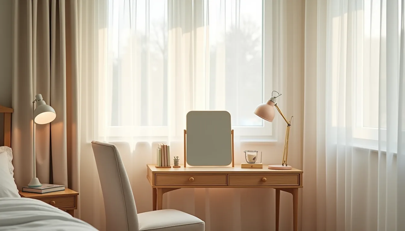 Low-backed upholstered chair positioned at a wooden vanity table with mirror and drawer unit in a bedroom corner.
