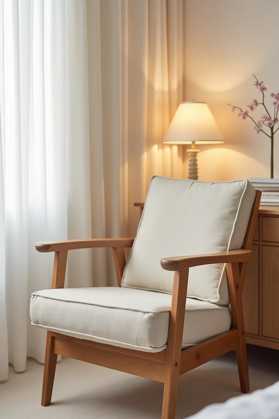 Premium dressing chair showing solid wood frame grain, tight seat stitching, and quality fabric weave in natural light.