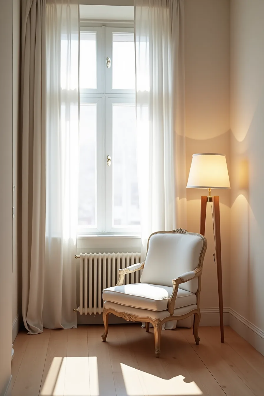 Slim accent chair tucked into a bedroom corner alcove beside a window, fitting snugly against the wall.