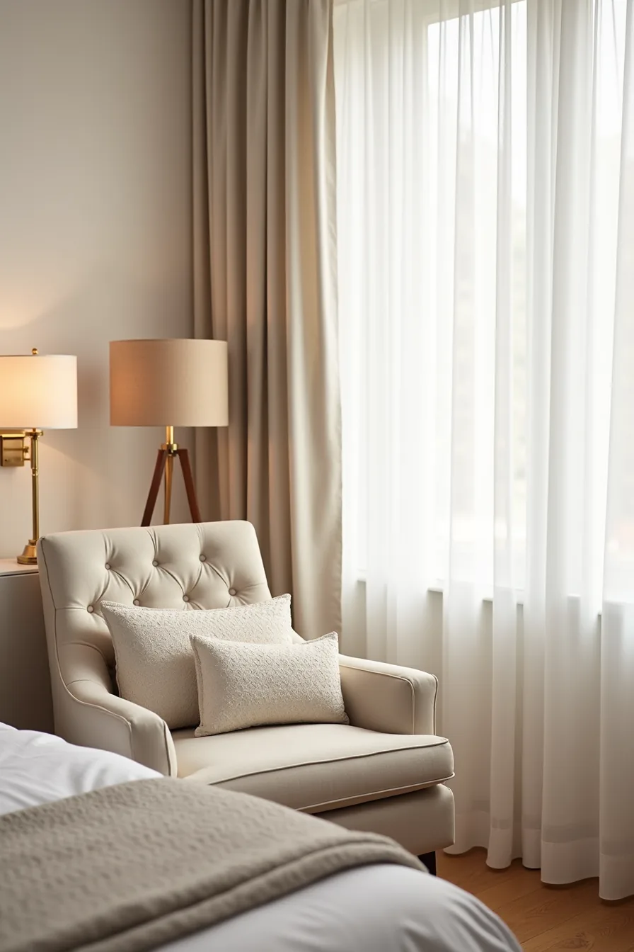 Tufted upholstered chair beside a bed, dressed with a patterned throw pillow and folded blanket.
