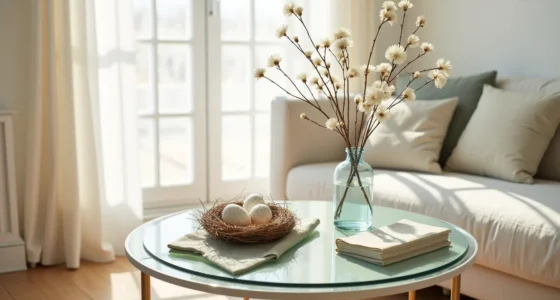 Round glass table with ceramic nest of speckled eggs, pussy willow branches in vase, and sage linen napkin.