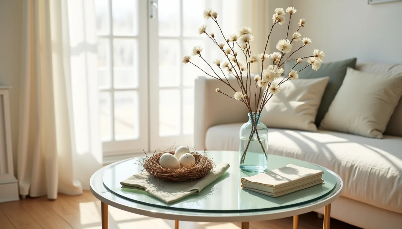 Round glass table with ceramic nest of speckled eggs, pussy willow branches in vase, and sage linen napkin.