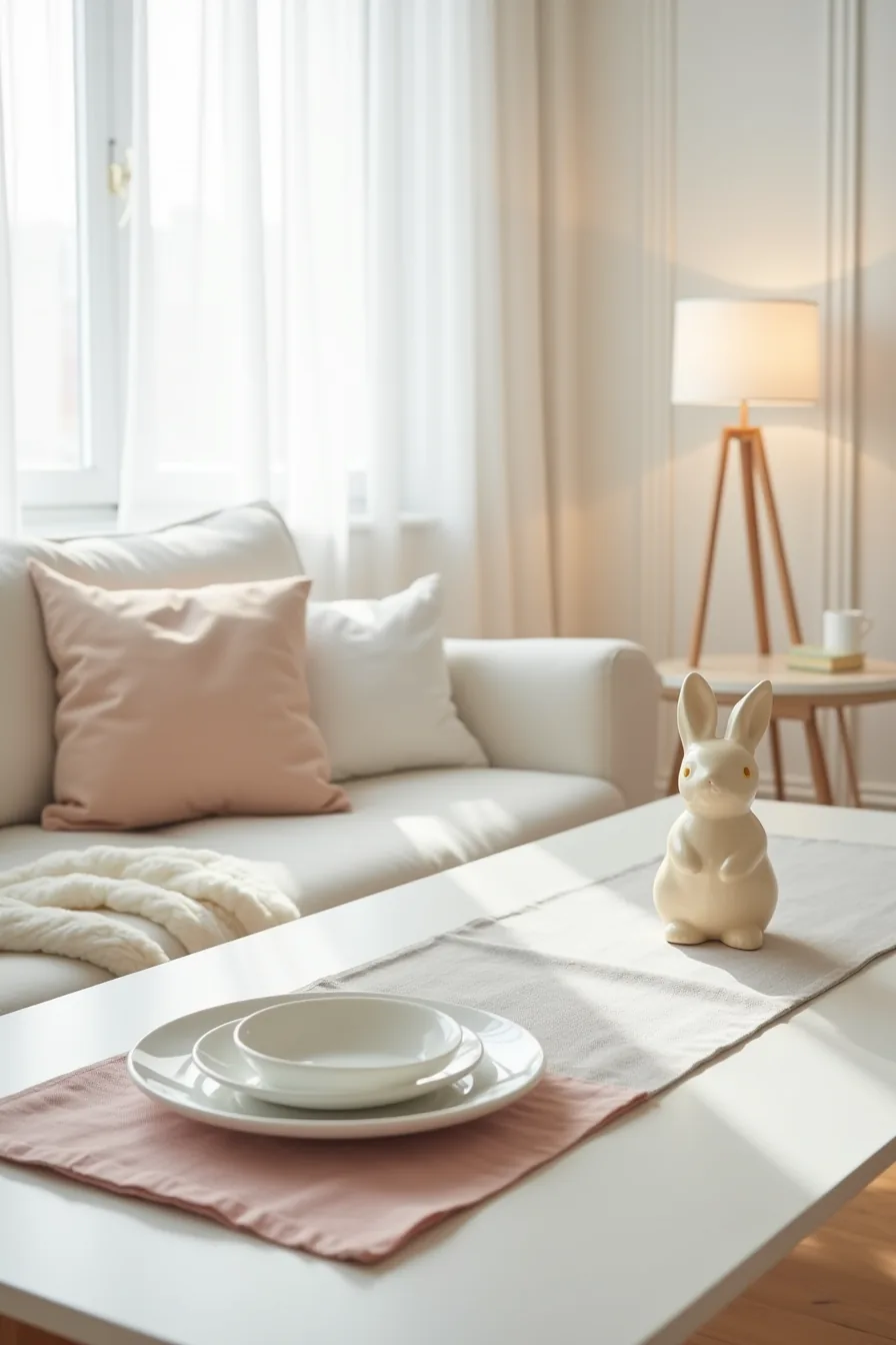 White table with gray linen runner, cream ceramic bunny, and folded blush-pink placemat in minimal arrangement.