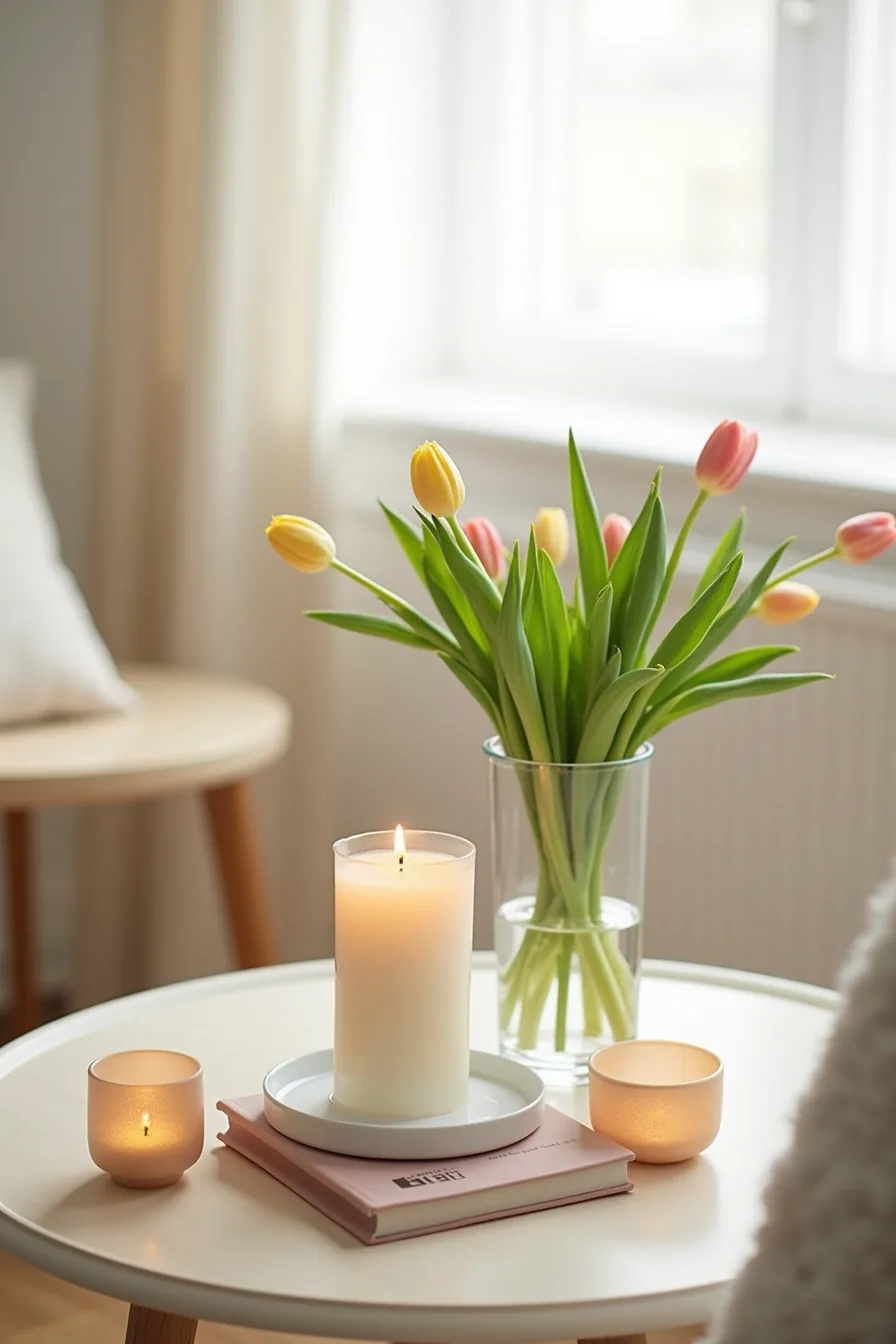 Pale wood table features pillar candle in glass cylinder, fresh tulips in bud vase, and frosted votive candles.