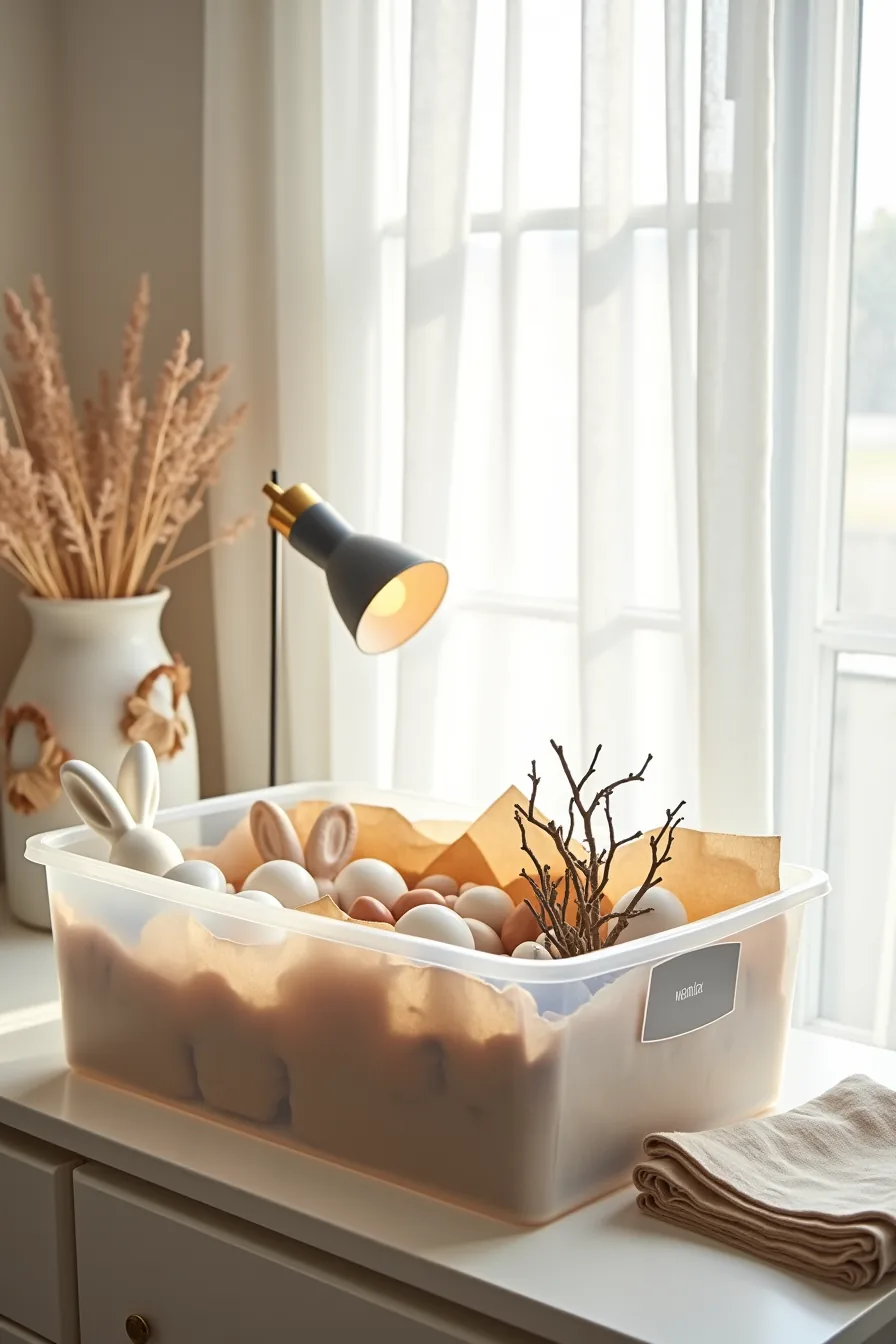 Clear storage bin organizes ceramic bunnies, egg figurines, branches, and folded linens with tissue dividers; one item