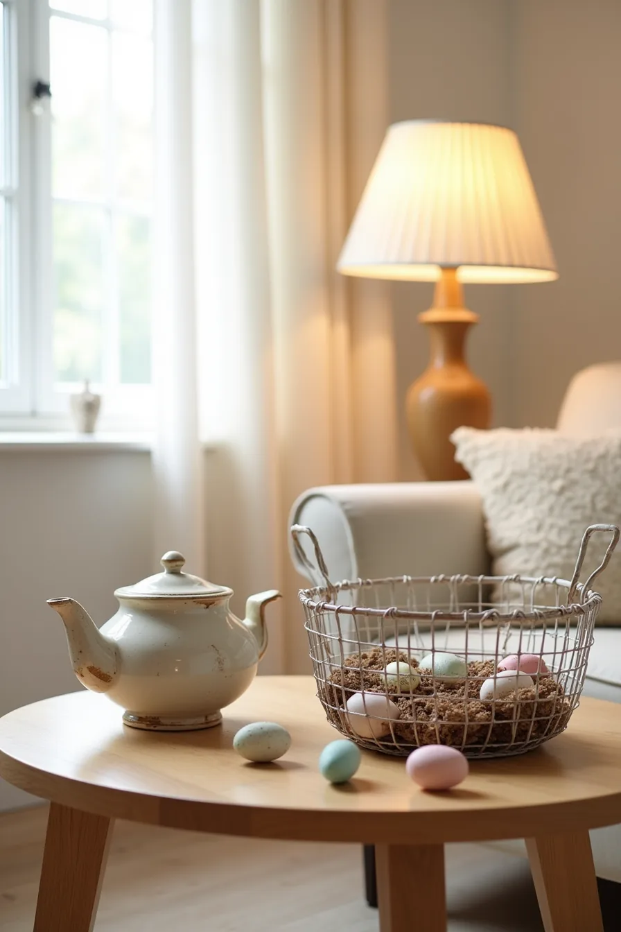 Light oak table displays chipped ceramic teapot with craft eggs, vintage wire basket with tissue nests, and wooden eggs.