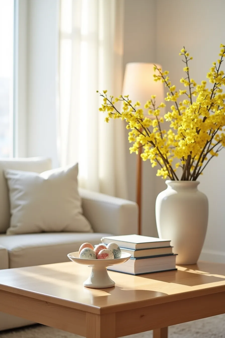Wooden table displays painted eggs on pedestal dish, spring bulbs, and tall forsythia branches in tiered arrangement.