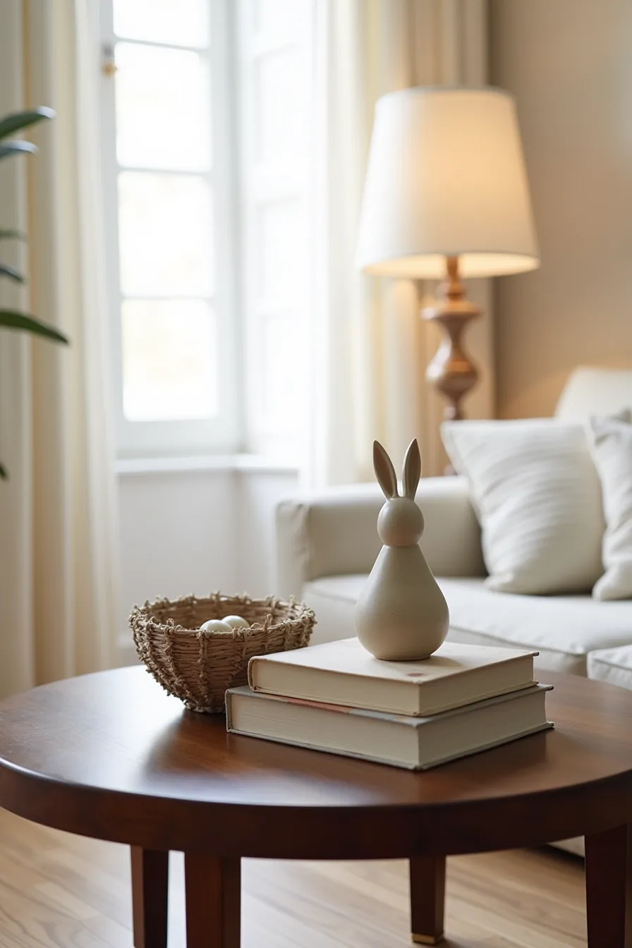 Dark walnut table showcases ceramic nest sculpture, matte stoneware bunny, and textured wheel-thrown vessel with spacing.