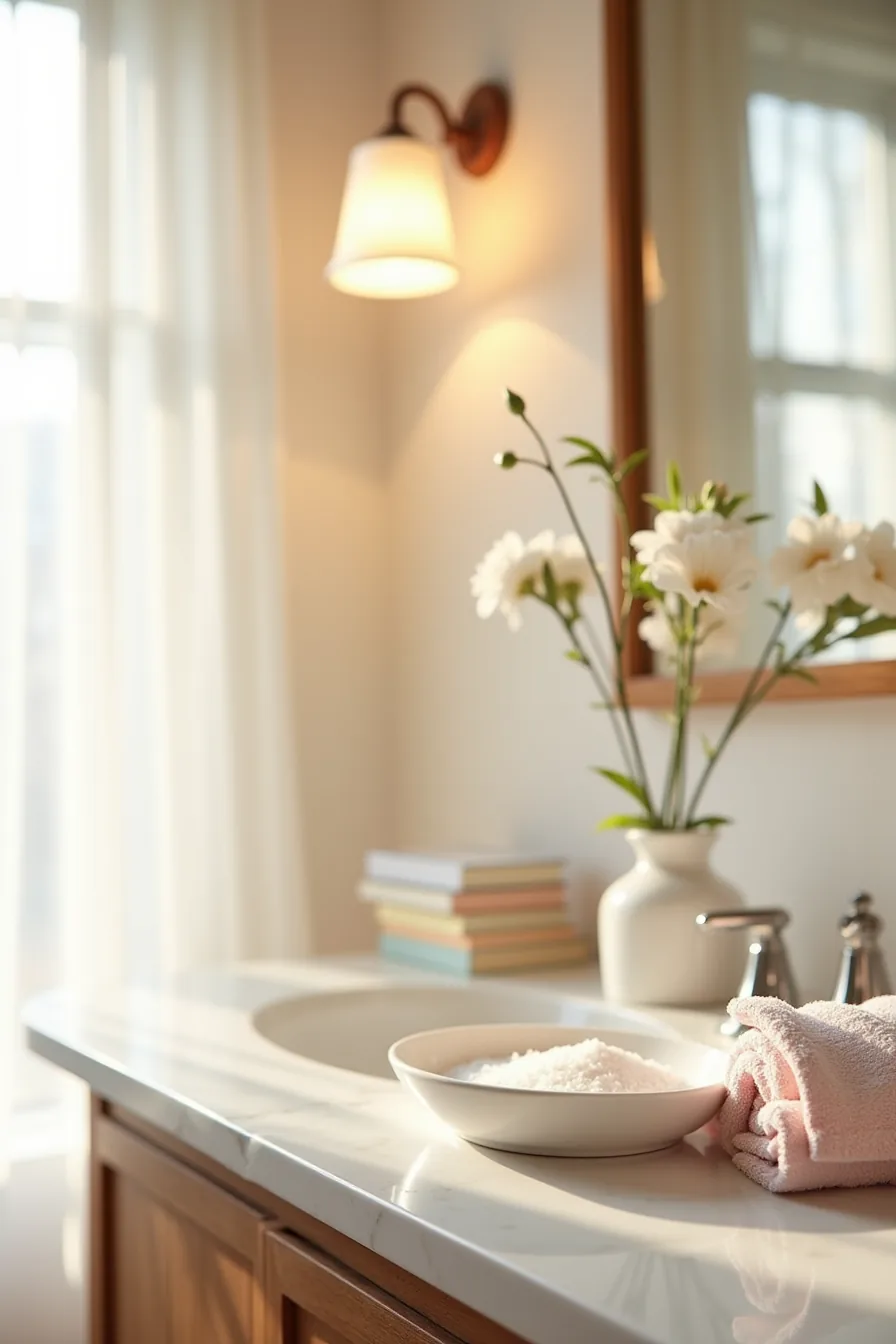 Bathroom vanity with a ceramic dish of bath salts, embroidered hand towel, and a single stem in a bud vase.